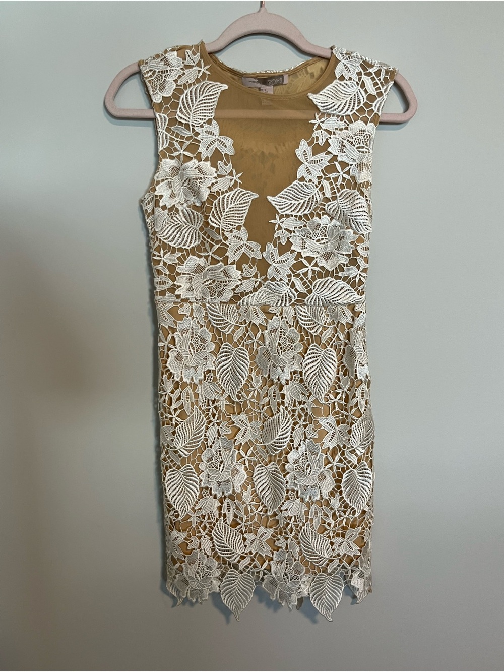 Forever 21 White Floral Lace Mini Dress over Tan Lining